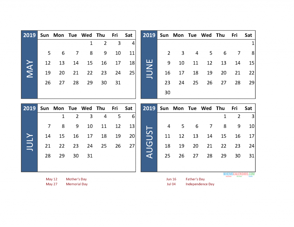 4 Month Calendar 2019 Printable January To December Free