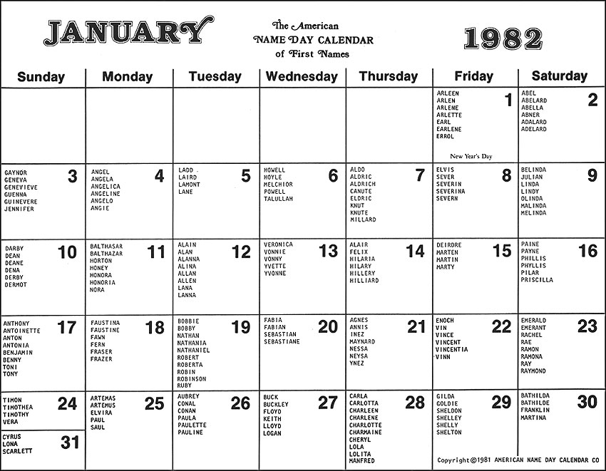 American Name Day Calendar Of First Names January 1982