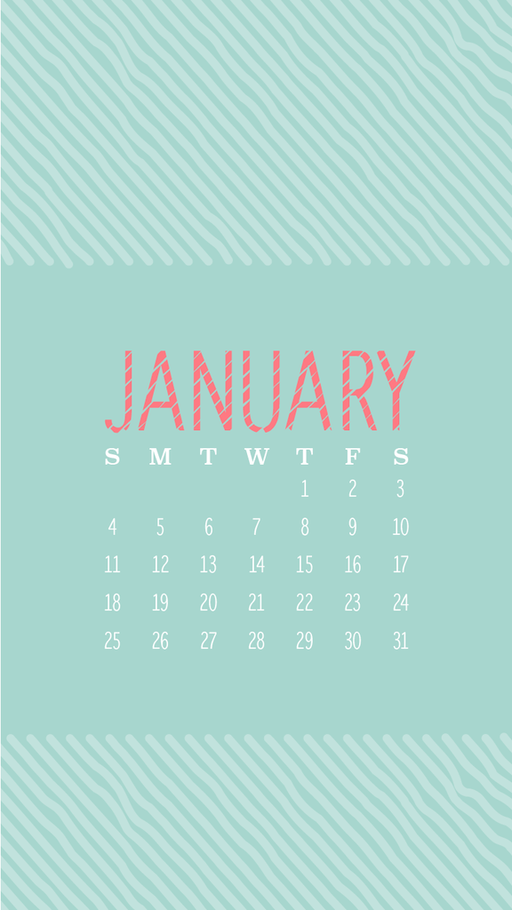 Aqua Coral Stripes January Calendar Phone Wallpaper Iphone Background 