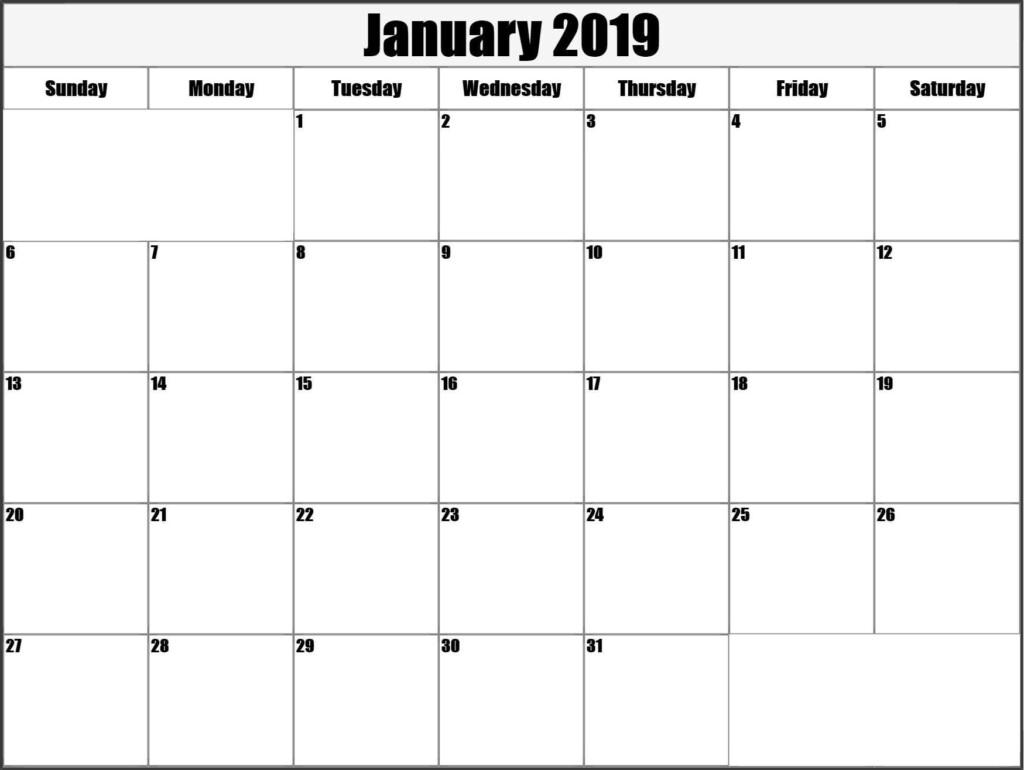 Calendar January 2019 Printable Large Printable Blank Calendar 