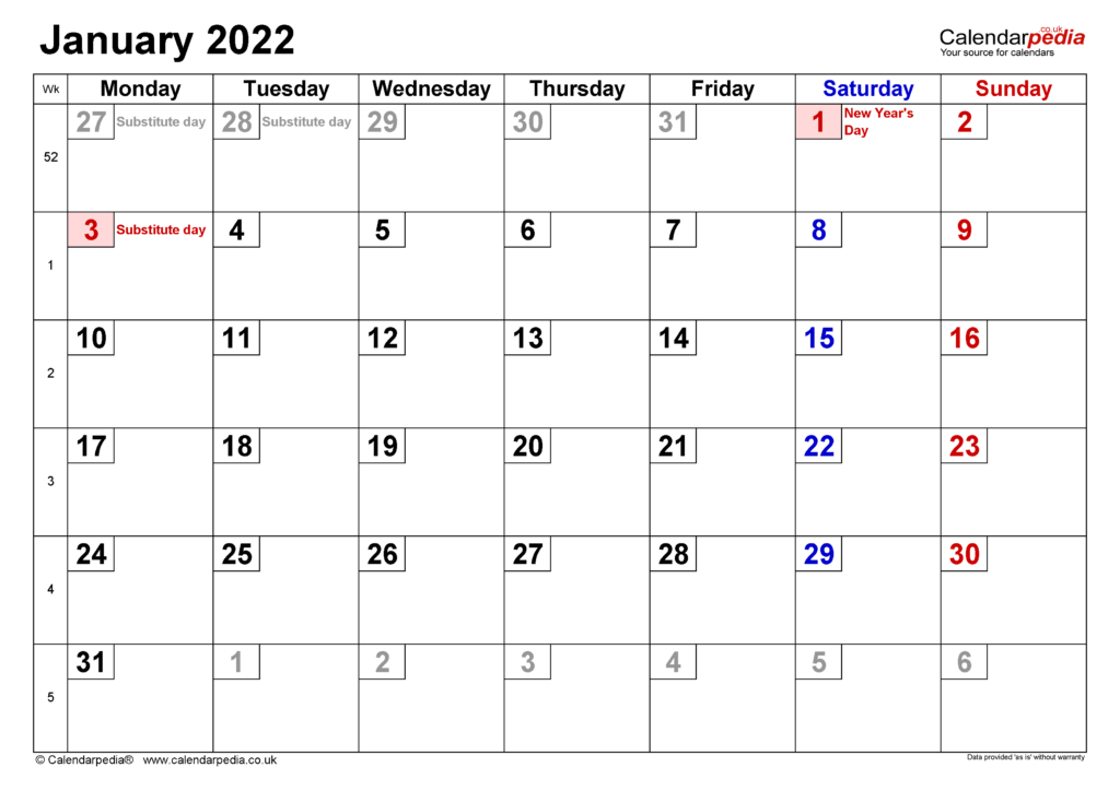 Calendar January 2022 UK With Excel Word And PDF Templates