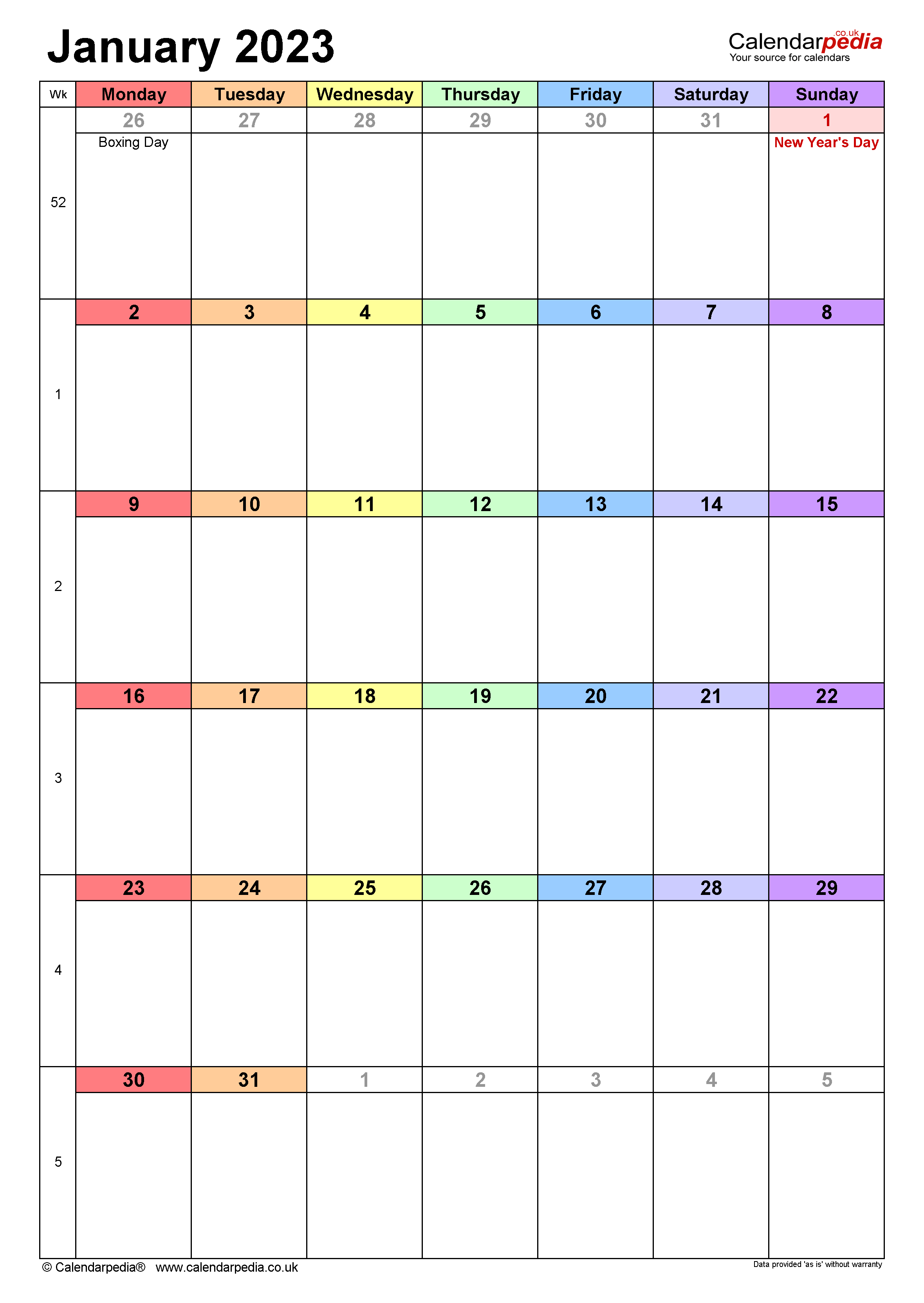 Calendar January 2023 UK With Excel Word And PDF Templates