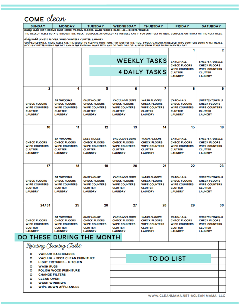 Come Clean FREE CLEANING CALENDAR FOR JANUARY 2016 Cleaning 