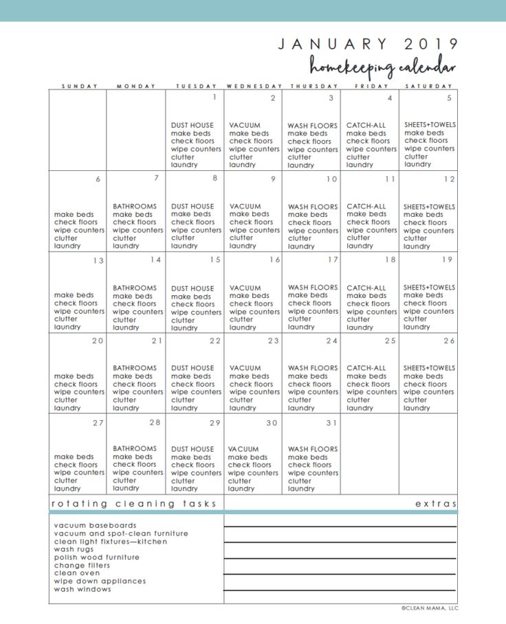 Free January 2019 Homekeeping Calendar Homekeeping Cleaning Calendar 