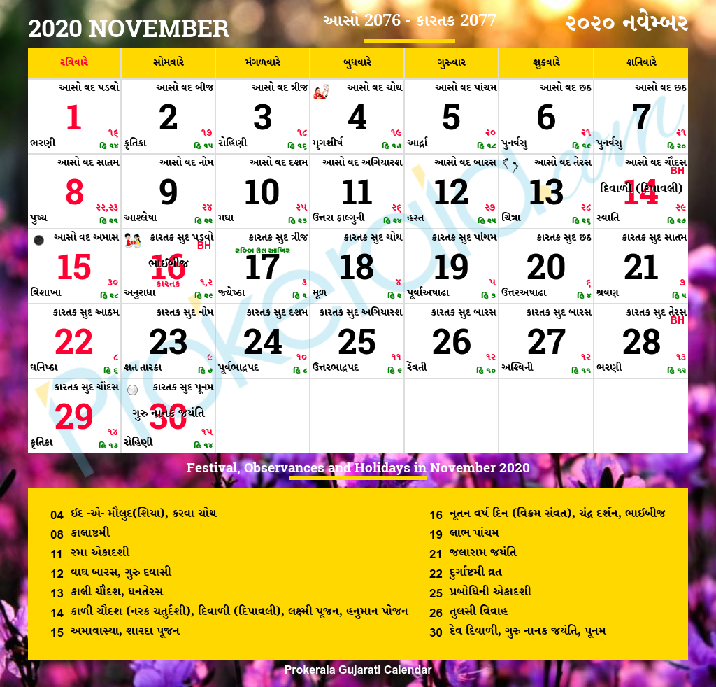 Gujarati Calendar November 2020 Vikram Samvat 2077 Aso Kartak