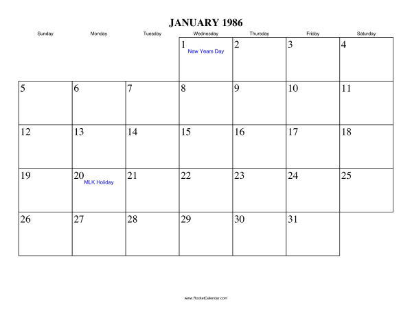 January 1986 Calendar