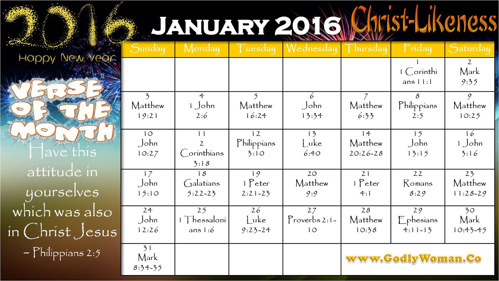 January 2016 Godly Woman Daily Calendar Printable Version