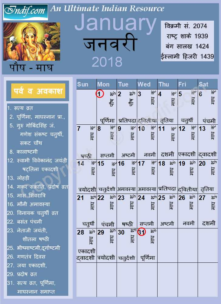 January 2018 Indian Calendar Hindu Calendar