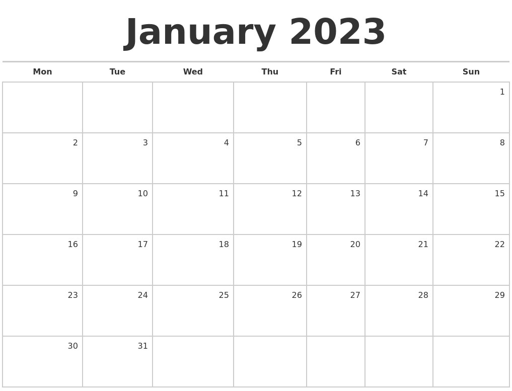 January 2023 Blank Monthly Calendar