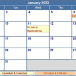 January 2023 Canada Calendar With Holidays For Printing image Format