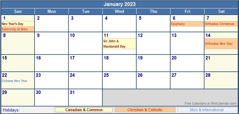 January 2023 Canada Calendar With Holidays For Printing image Format 