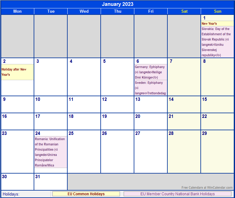 January 2023 EU Calendar With Holidays For Printing image Format 