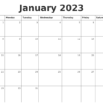 January 2023 Monthly Calendar