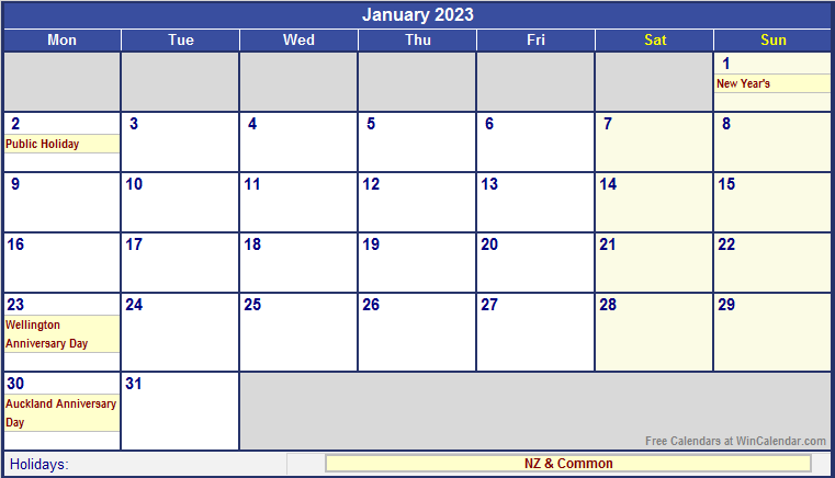 January 2023 New Zealand Calendar With Holidays For Printing image Format 