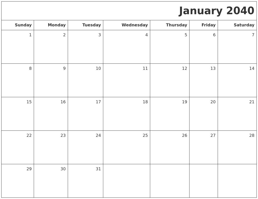 January 2040 Printable Blank Calendar