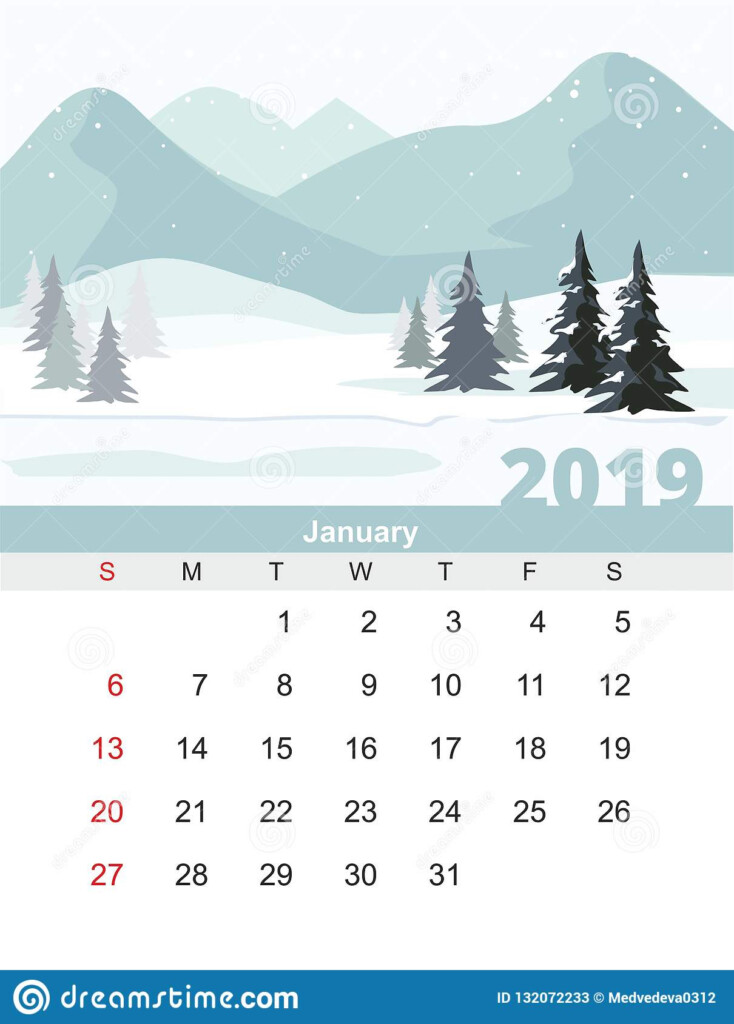 January Calendar 2019 Mountain Winter Landscape With Fir Forest Stock 