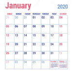 January Calendar 2020 English Calender Template Vector Grid Office