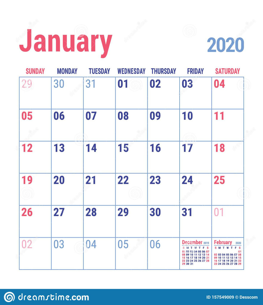 January Calendar 2020 English Calender Template Vector Grid Office 