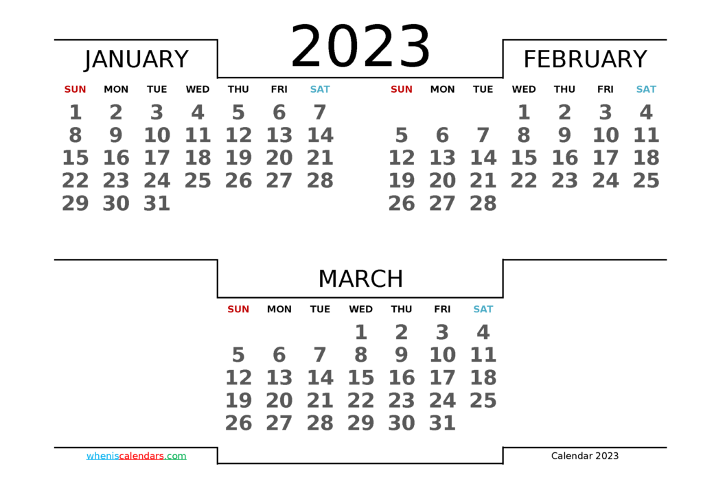 January February March 2023 Printable Quarterly Calendar