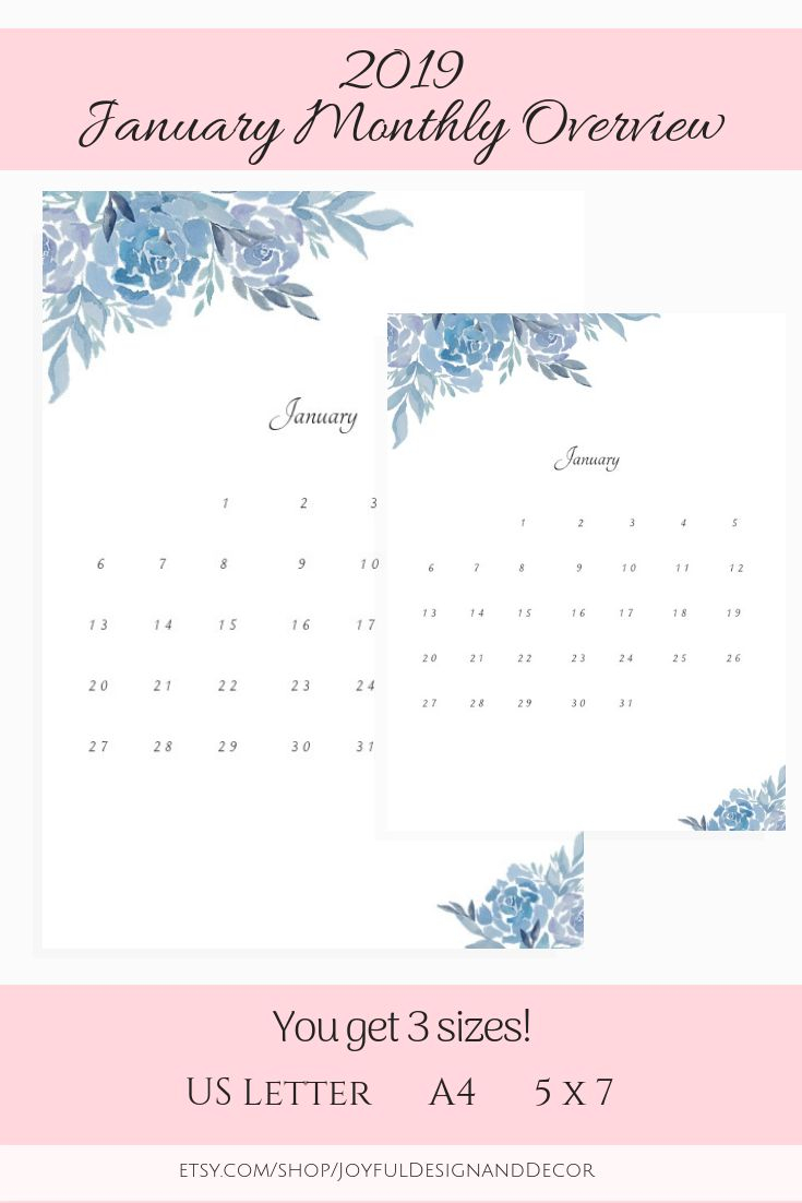 January Monthly Overview Floral Monthly Overview January Calendar A4