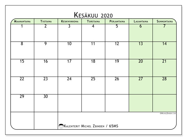 Kalenteri Kes kuu 2020 65MS Michel Zbinden FI Calendar Template