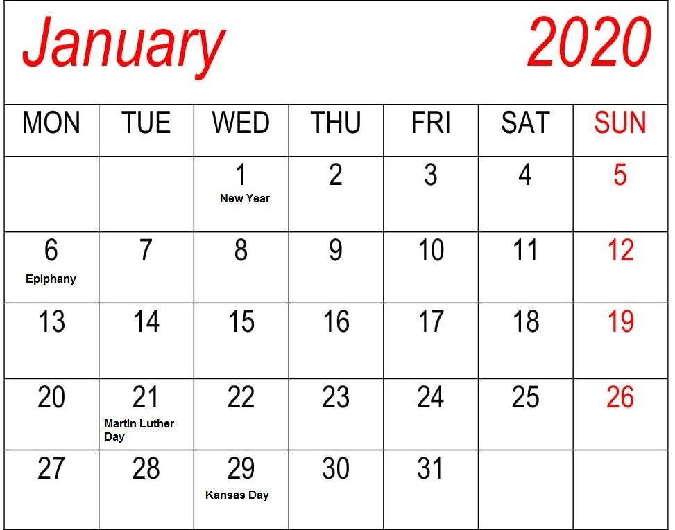 List Of January Holidays 2020 Calendar USA UK Canada Monthly Blank 