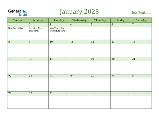 New Zealand January 2023 Calendar With Holidays