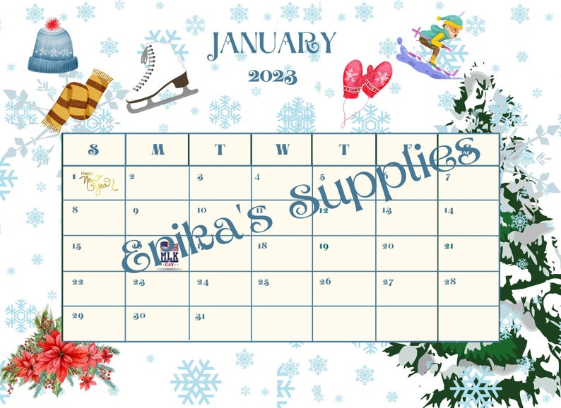 Printable Editable January Monthly Calendar 2023 Calendar Etsy