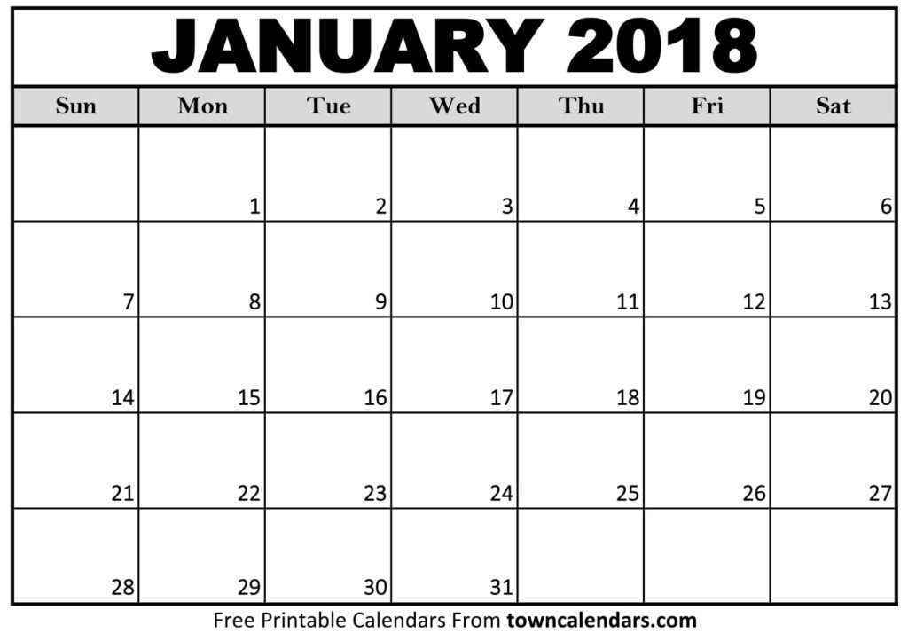 Printable January 2018 Calendar Towncalendars