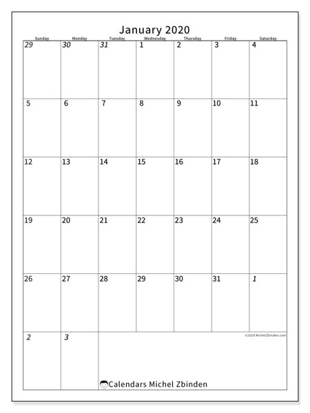 Printable January 2020 68SS Calendar Michel Zbinden EN