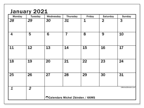 Printable January 2021 66MS Calendar Michel Zbinden EN