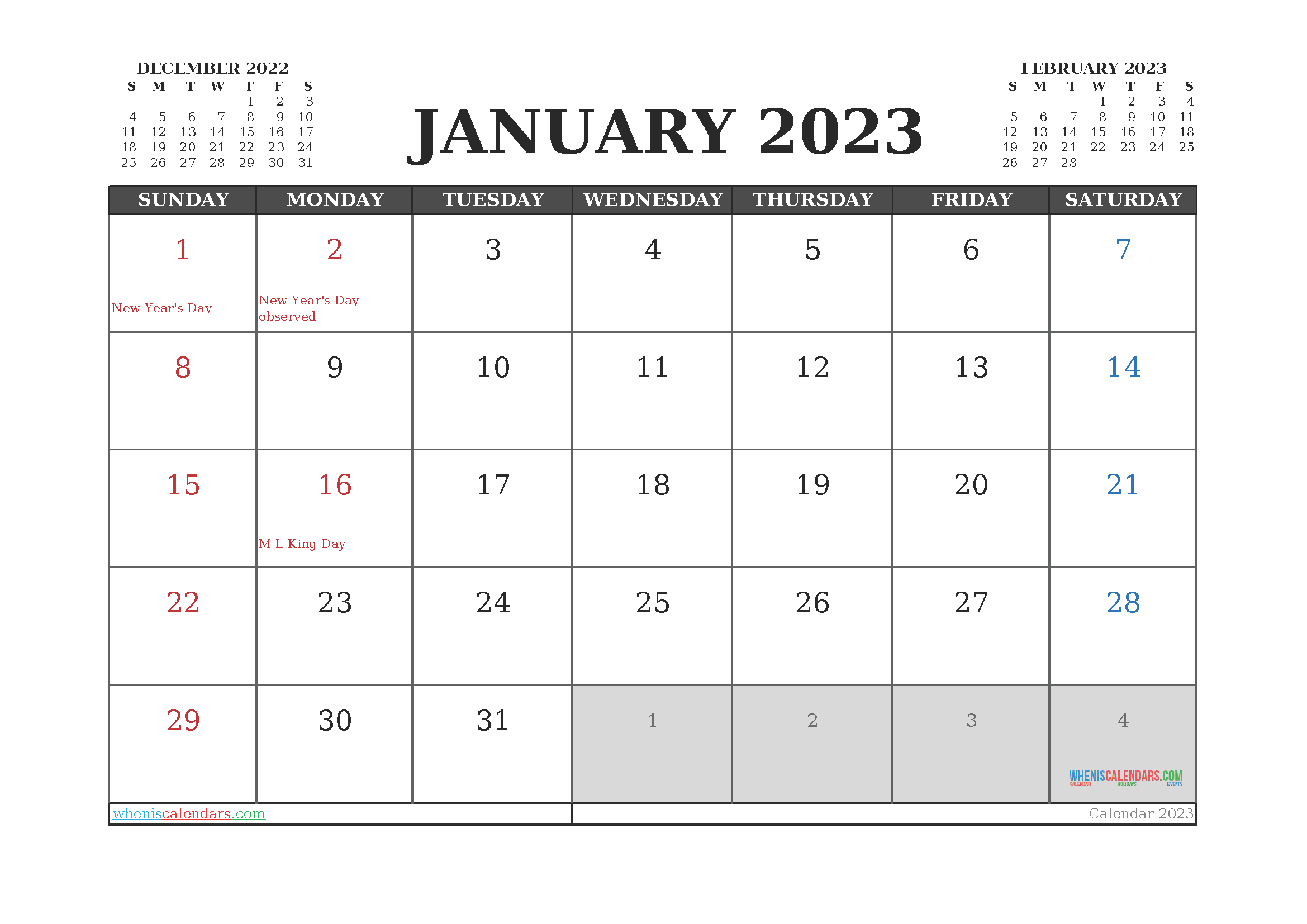 Printable January 2023 Calendar Free 12 Templates