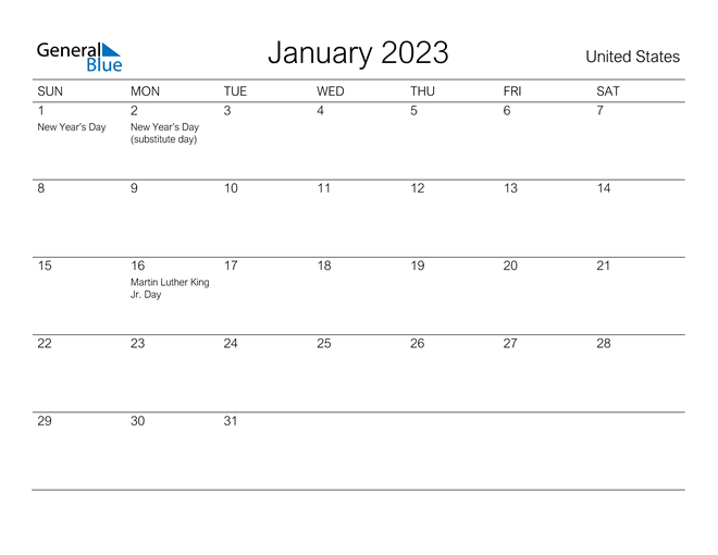 United States January 2023 Calendar With Holidays