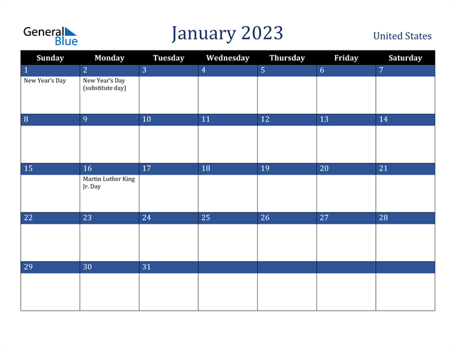 United States January 2023 Calendar With Holidays